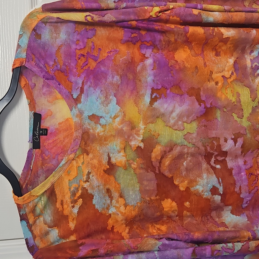 Calessa Burnout Tie Dye Crew Neck Tunic W/Asymmetric Hem: Orange Multi:Size- 1X - Picture 2 of 14